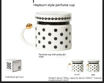 Black And White Polka Dot Hepburn Style Ceramic Mug With Lid Water Cup